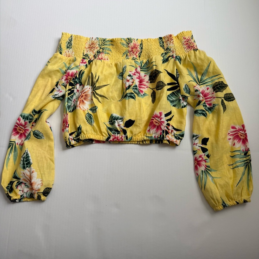 Guess Los Angeles Floral Off Shoulder Crop Top Smocked Yellow Size L NWT - Picture 2 of 3